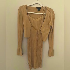 House of Harlow 1960 Tan Ribbed Bodycon Midi Dress + Matching Shrug Top